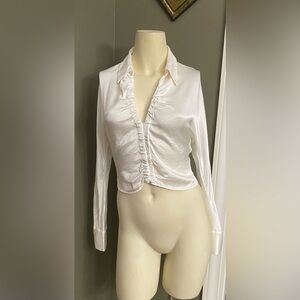Zara White Satin Cropped collared Blouse top ruched long sleeves Women’s XS